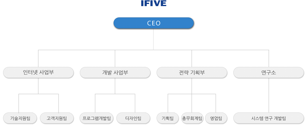 CEO - 인터넷 사업부(기술지원팀, 고객지원팀) - 개발사업부(프로그램개발팀, 디자인팀) - 전략기획부(기획팀, 총무회계팀, 영업팀) - 연구소(시스템 연구 개발팀) 